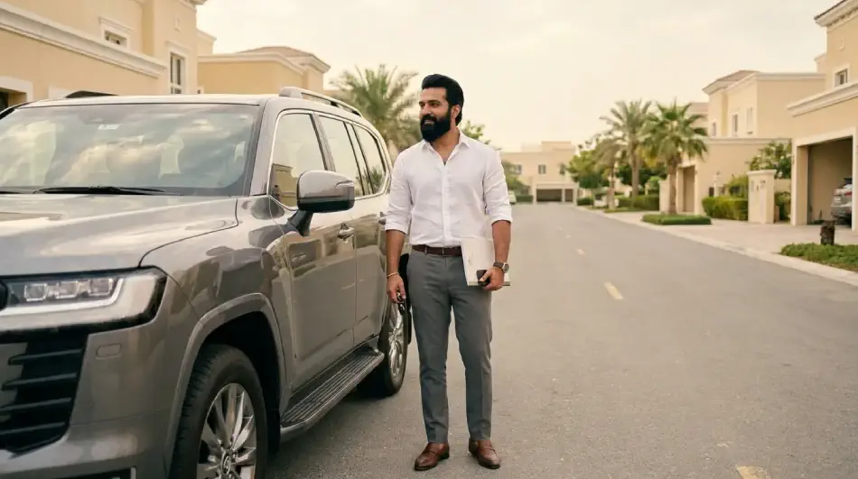 A UAE resident holding paperwork beside his grey Land Cruiser in an Arabian Ranches villa community