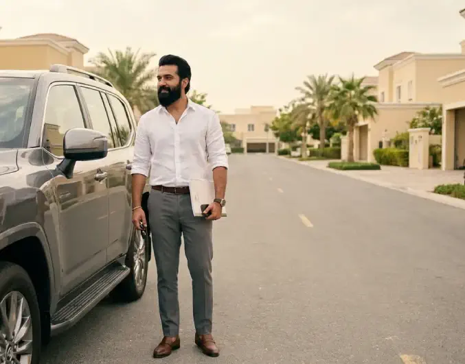 A UAE resident holding paperwork beside his grey Land Cruiser in an Arabian Ranches villa community