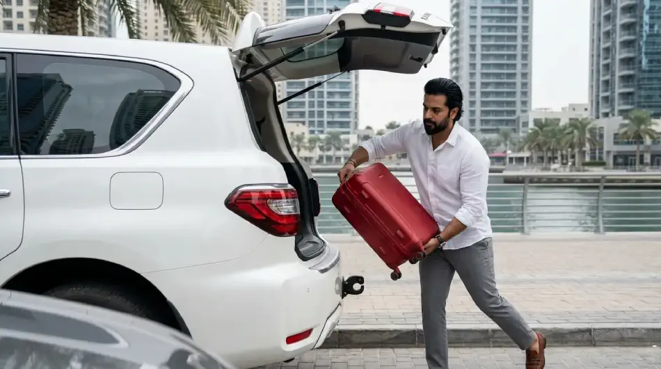 A traveller loading a red suitcase into a rented white SUV on the Dubai Marina waterfront promenade