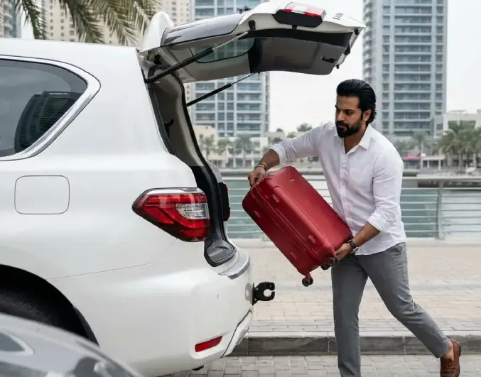 A traveller loading a red suitcase into a rented white SUV on the Dubai Marina waterfront promenade