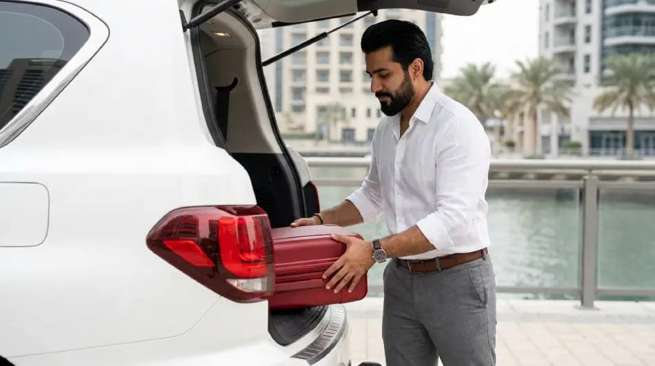 A traveller loading a red suitcase into the open boot of a white SUV on the Dubai Marina waterfront