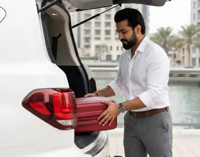 A traveller loading a red suitcase into the open boot of a white SUV on the Dubai Marina waterfront