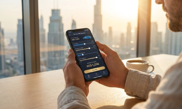 Calculating a car loan EMI on a phone with the Dubai skyline behind