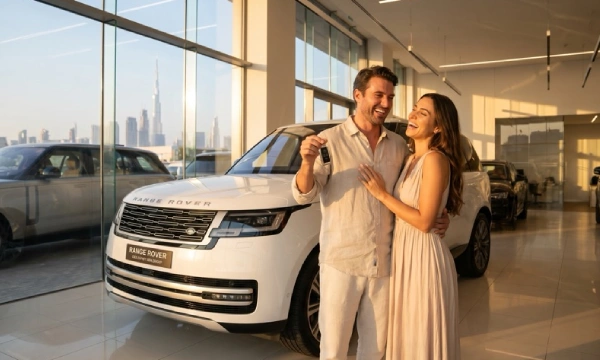 A happy couple collecting the keys to their new car